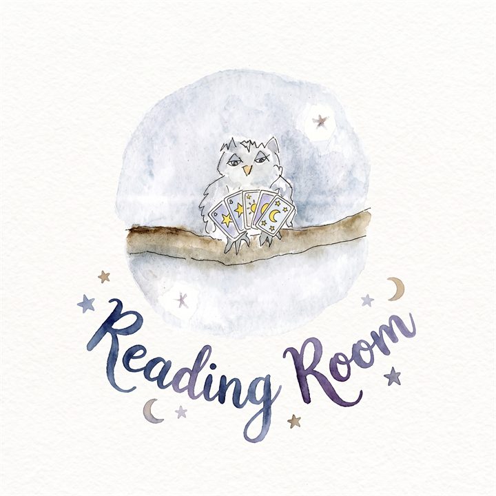Reading Room logo: watercolour owl holding tarot cards on a branch under a pale moon
